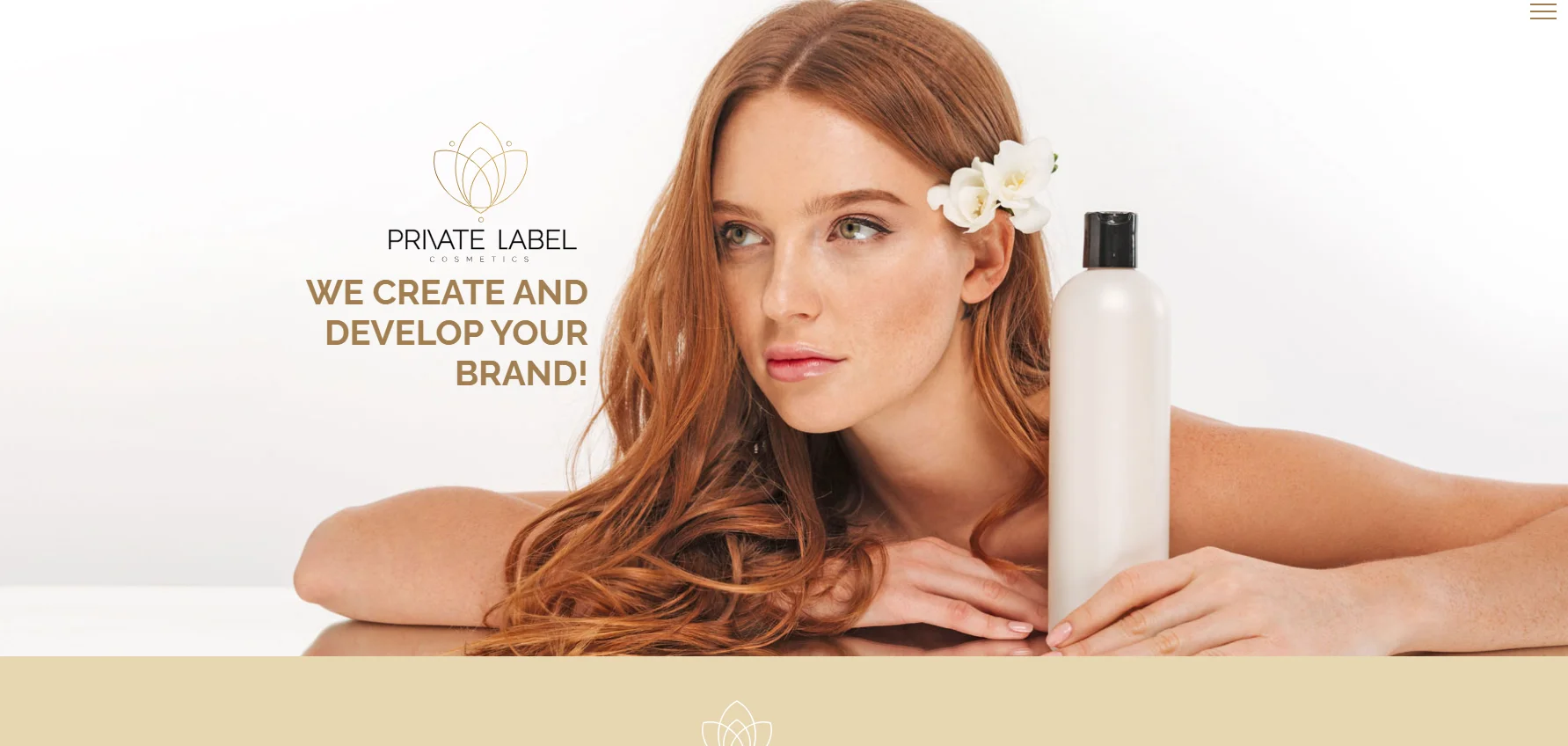 A woman with red hair and flower accessory holds a plain cosmetic bottle beside text promoting private label cosmetics and brand development.